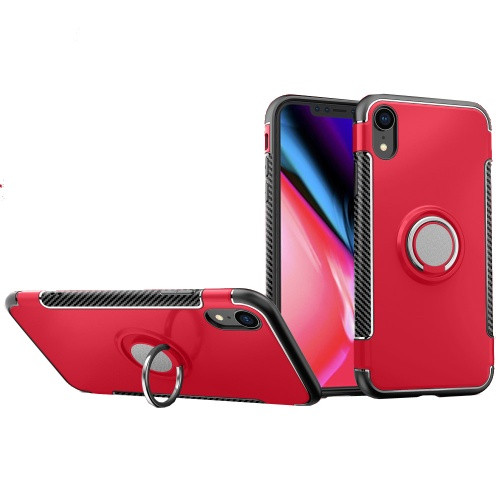 Apple iPhone XR, Műanyag hátlap védőtok, szilikon keret, telefontartó gyűrű, karbon minta, piros