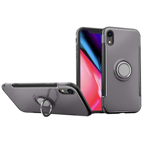 Apple iPhone XR, Műanyag hátlap védőtok, szilikon keret, telefontartó gyűrű, karbon minta, szürke