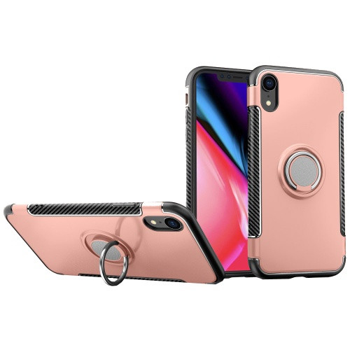 Apple iPhone XR, Műanyag hátlap védőtok, szilikon keret, telefontartó gyűrű, karbon minta, vörösarany