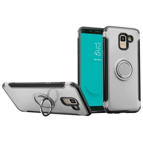 Samsung Galaxy J6 (2018) SM-J600F, Műanyag hátlap védőtok, szilikon keret, telefontartó gyűrű, karbon minta, ezüst