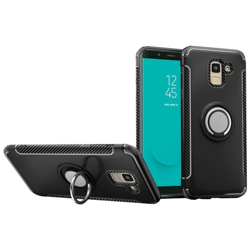 Samsung Galaxy J6 (2018) SM-J600F, Műanyag hátlap védőtok, szilikon keret, telefontartó gyűrű, karbon minta, fekete