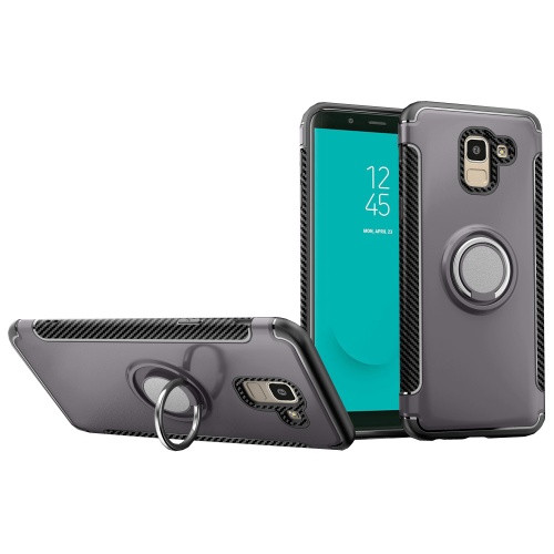 Samsung Galaxy J6 (2018) SM-J600F, Műanyag hátlap védőtok, szilikon keret, telefontartó gyűrű, karbon minta, szürke