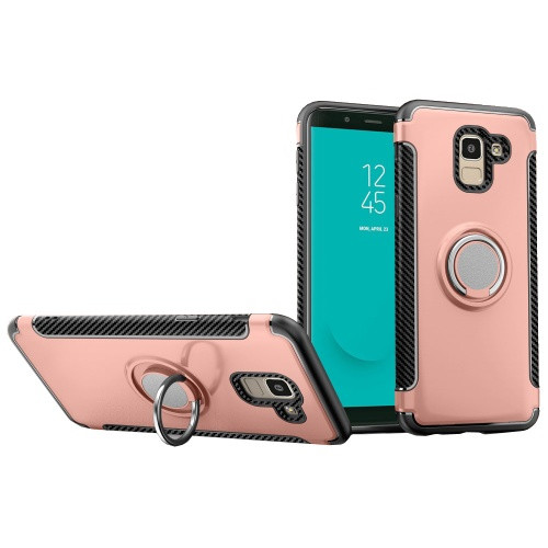 Samsung Galaxy J6 (2018) SM-J600F, Műanyag hátlap védőtok, szilikon keret, telefontartó gyűrű, karbon minta, vörösarany