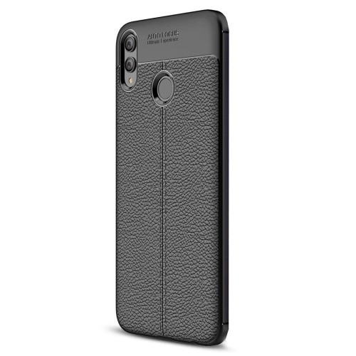 Huawei Honor 8X, TPU szilikon tok, bőrhatású, varrásminta, fekete