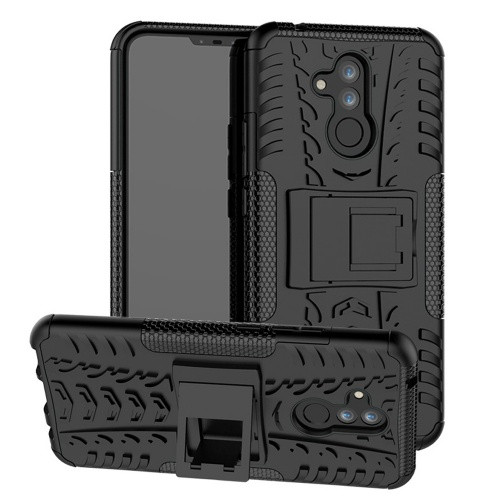 Huawei Mate 20 Lite, Műanyag hátlap védőtok, Defender, kitámasztóval és szilikon belsővel, autógumi minta, fekete