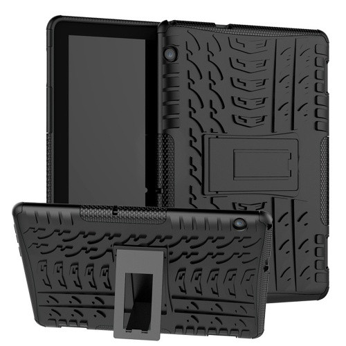 Huawei Mediapad T5 10 (10.1), Műanyag hátlap védőtok, Defender, kitámasztóval és szilikon belsővel, autógumi minta, fekete
