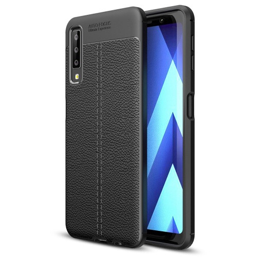 Samsung Galaxy A7 (2018) SM-A750F, TPU szilikon tok, bőrhatású, varrásminta, fekete