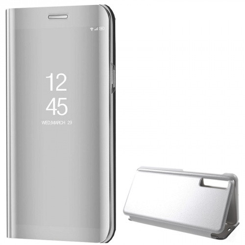 Samsung Galaxy A7 (2018) SM-A750F, Oldalra nyíló tok, hívás mutatóval, Smart View Cover, ezüst (utángyártott)