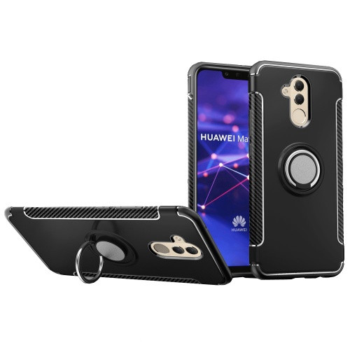 Huawei Mate 20 Lite, Műanyag hátlap védőtok, szilikon keret, telefontartó gyűrű, karbon minta, fekete