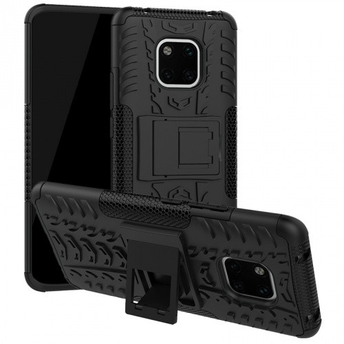 Huawei Mate 20 Pro, Műanyag hátlap védőtok, Defender, kitámasztóval és szilikon belsővel, autógumi minta, fekete