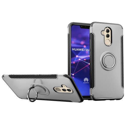 Huawei Mate 20 Lite, Műanyag hátlap védőtok, szilikon keret, telefontartó gyűrű, karbon minta, ezüst