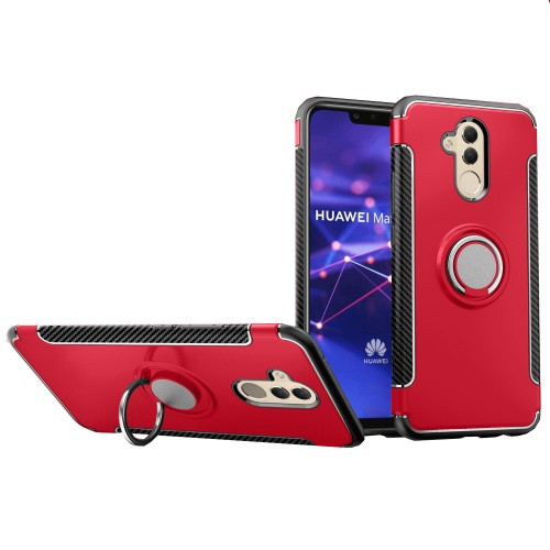 Huawei Mate 20 Lite, Műanyag hátlap védőtok, szilikon keret, telefontartó gyűrű, karbon minta, piros
