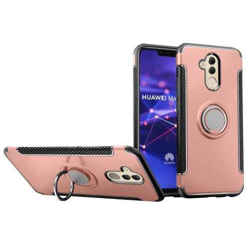 Huawei Mate 20 Lite, Műanyag hátlap védőtok, szilikon keret, telefontartó gyűrű, karbon minta, vörösarany