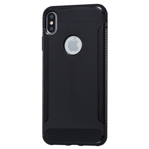 Apple iPhone X / XS, TPU szilikon tok, közepesen ütésálló, légpárnás sarok, karbon minta, logo kivágással, fekete