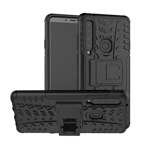 Samsung Galaxy A9 (2018) SM-A920F, Műanyag hátlap védőtok, Defender, kitámasztóval és szilikon belsővel, autógumi minta, fekete