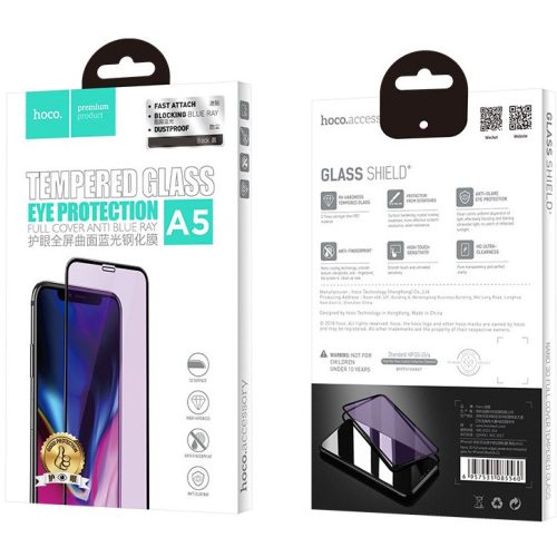 Apple iPhone XS Max / 11 Pro Max, Kijelzővédő fólia, ütésálló fólia (az íves részre is!), Tempered Glass (edzett üveg), Anti Blue Ray, Hoco A5, fekete