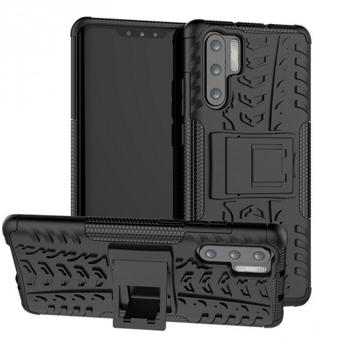 Huawei P30 Pro, Műanyag hátlap védőtok, Defender, kitámasztóval és szilikon belsővel, autógumi minta, fekete