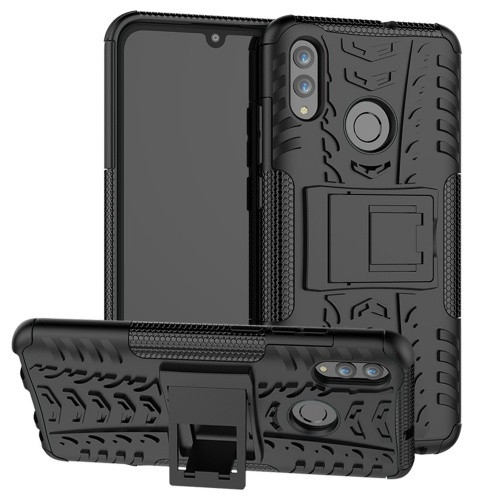 Huawei P Smart (2019) / Honor 10 Lite, Műanyag hátlap védőtok, Defender, kitámasztóval és szilikon belsővel, autógumi minta, fekete