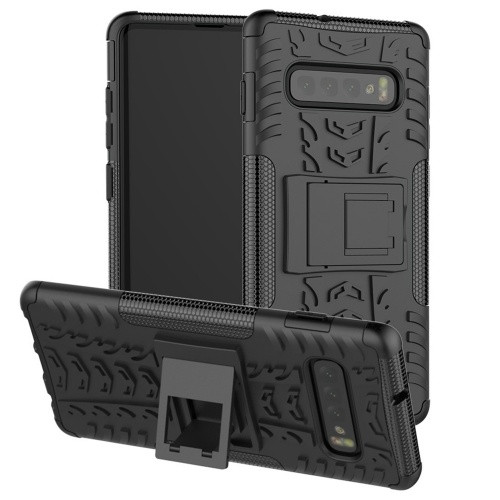 Samsung Galaxy S10 SM-G973, Műanyag hátlap védőtok, Defender, kitámasztóval és szilikon belsővel, autógumi minta, fekete