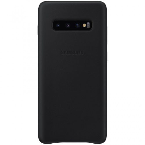 Samsung Galaxy S10 Plus SM-G975, Műanyag hátlap védőtok, bőr hátlap, fekete, gyári