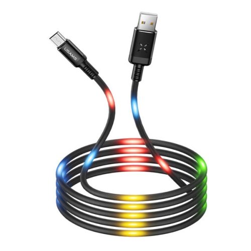 USB töltő- és adatkábel, microUSB, 100 cm, gyorstöltés, törésgátló, hangvezérlés, LED fény, Usams U16, fekete, US-SJ288_B
