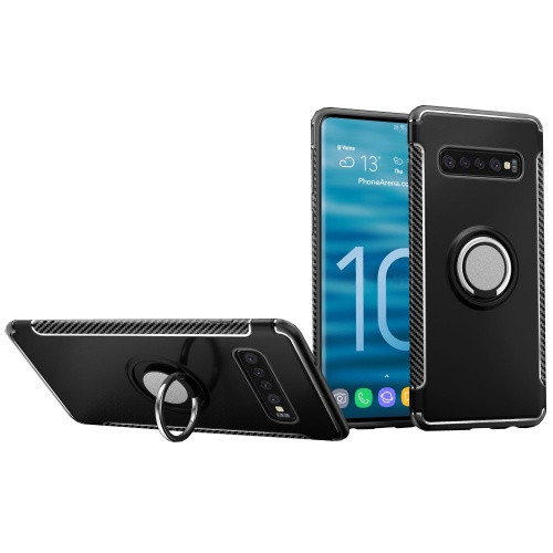 Samsung Galaxy S10 SM-G973, Műanyag hátlap védőtok, szilikon keret, telefontartó gyűrű, karbon minta, fekete