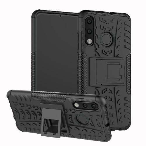 Huawei P30 Lite, Műanyag hátlap védőtok, Defender, kitámasztóval és szilikon belsővel, autógumi minta, fekete