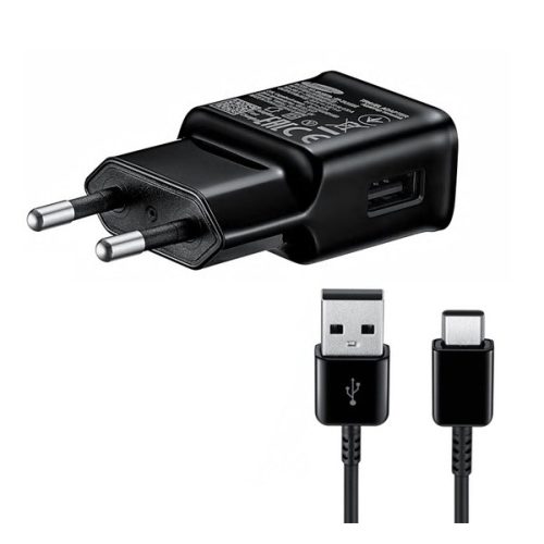 Hálózati töltő adapter, 5V / 2000mA, USB aljzat, USB Type-C kábellel, gyorstöltés, Samsung, fekete, gyári