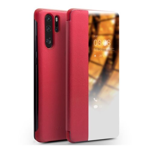 Huawei P30 Pro, Oldalra nyíló tok, valódi bőrtok, hívás mutatós, S-View Cover, Qialino, piros