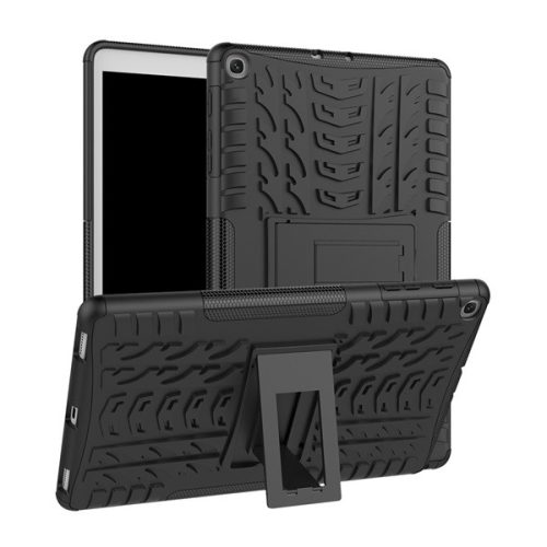 Samsung Galaxy Tab A 10.1 (2019) SM-T510 / T515, Műanyag hátlap védőtok, Defender, kitámasztóval és szilikon belsővel, autógumi minta, fekete