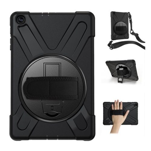 Samsung Galaxy Tab S5e 10.5 SM-T720 / T725, Műanyag hátlap védőtok, stand, elforgatható (360°), kézpánt, vállpánt, fekete