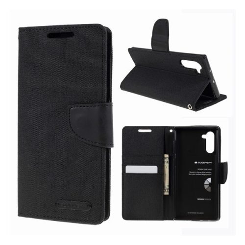 Samsung Galaxy Note 10 / 10 5G SM-N970 / N971, Oldalra nyíló tok, stand, Mercury Canvas Diary, textil hatás, fekete