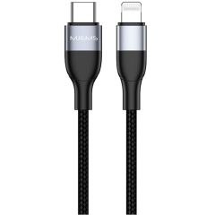   USB Type-C töltő- és adatkábel, Lightning, 120 cm, 3000 mA, 60W, gyorstöltés, PD, cipőfűző minta, MFI engedélyes, Usams Mjems, US-SJ330, fekete