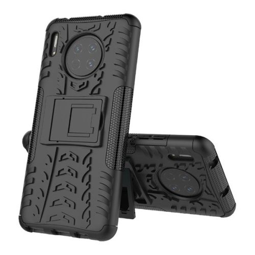 Huawei Mate 30 / 30 5G, Műanyag hátlap védőtok, Defender, kitámasztóval és szilikon belsővel, autógumi minta, fekete