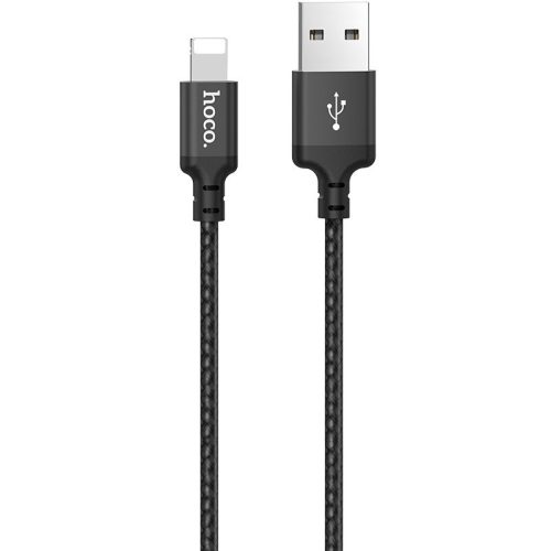 USB töltő- és adatkábel, Lightning, 100 cm, 2400 mA, törésgátlóval, gyorstöltés, cipőfűző minta, Hoco X14 Time Speed, fekete
