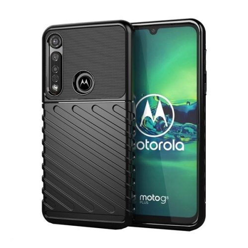 Motorola Moto G8 Plus, Szilikon tok, közepesen ütésálló, domború csíkos minta, fekete