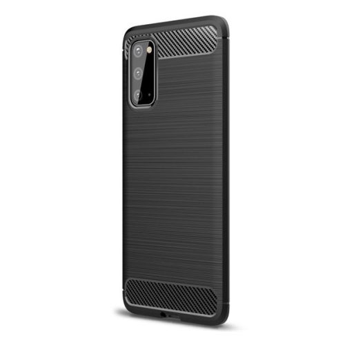 Samsung Galaxy S20 / S20 5G SM-G980 / G981, Szilikon tok, közepesen ütésálló, szálcsiszolt, karbon minta, fekete