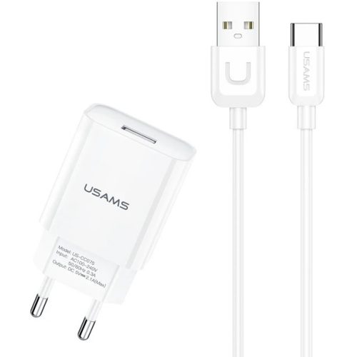Hálózati töltő adapter, 10.5W, USB aljzat, USB Type-C kábellel, Usams T21, fehér