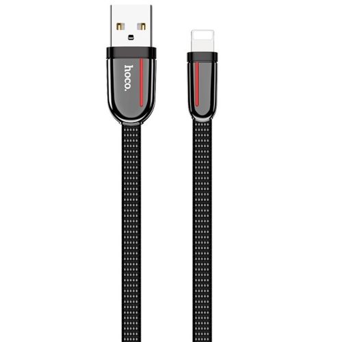 USB töltő- és adatkábel, Lightning, 120 cm, 2400 mA, lapos, cipőfűző minta, Hoco U74 Grand, fekete