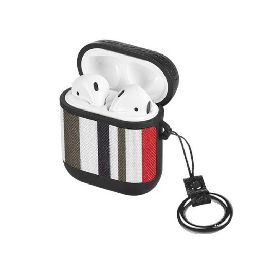 Bluetooth fülhallgató töltőtok tartó, szilikon, karabiner, Apple AirPods / AirPods 2 kompatibilis, csíkos minta, Hoco WB17, fekete/piros