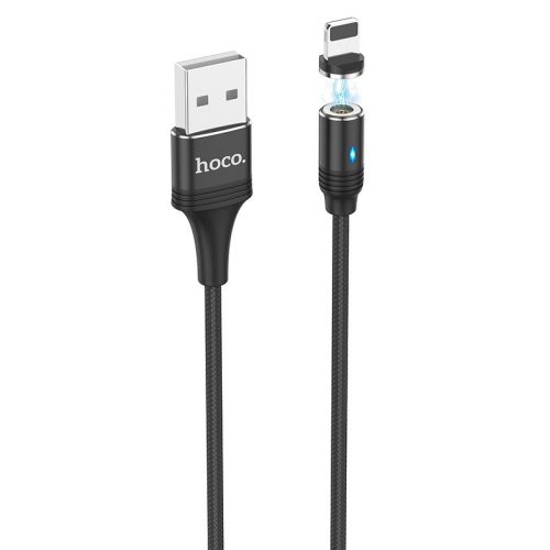 USB töltő- és adatkábel, Lightning, 120 cm, 2000 mA, mágneses, LED-es, cipőfűző minta, Hoco U76 Fresh, fekete