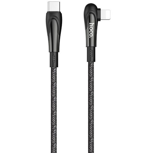 USB Type-C töltő- és adatkábel, Lightning, 120 cm, 3000 mA, gyorstöltés, PD, 90 fokos/derékszögű, cipőfűző minta, Hoco U84 Rally, fekete