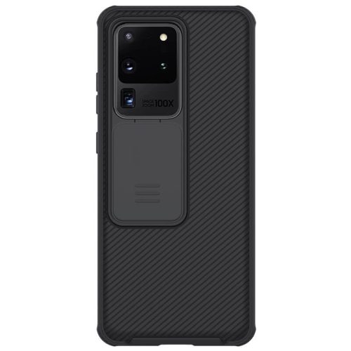 Samsung Galaxy S20 Ultra 5G SM-G988, Műanyag hátlap + szilikon keret, közepesen ütésálló, kamera védelem, csíkos minta, Nillkin CamShield Pro, fekete