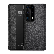  Huawei P40, Oldalra nyíló tok, valódi bőrtok, hívás mutatós, érdes felület, Smart View Cover, fekete (utángyártott)
