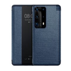   Huawei P40, Oldalra nyíló tok, valódi bőrtok, hívás mutatós, érdes felület, Smart View Cover, sötétkék (utángyártott)