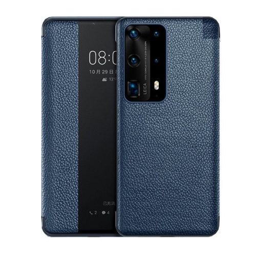 Huawei P40, Oldalra nyíló tok, valódi bőrtok, hívás mutatós, érdes felület, Smart View Cover, sötétkék (utángyártott)