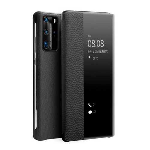 Huawei P40 Pro, Oldalra nyíló tok, valódi bőrtok, hívás mutatós, érdes felület, View Window, Qialino, fekete