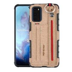   Samsung Galaxy S20 / S20 5G SM-G980 / G981, Szilikon tok, közepesen ütésálló, stand, textil hátlap, felakasztható, kézpánttal, világosbarna