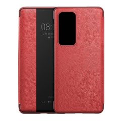   Huawei P40, Oldalra nyíló tok, bőrhatású, hívás mutatós, textil minta, View Window, piros