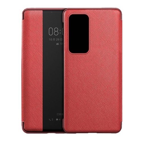 Huawei P40, Oldalra nyíló tok, bőrhatású, hívás mutatós, textil minta, View Window, piros